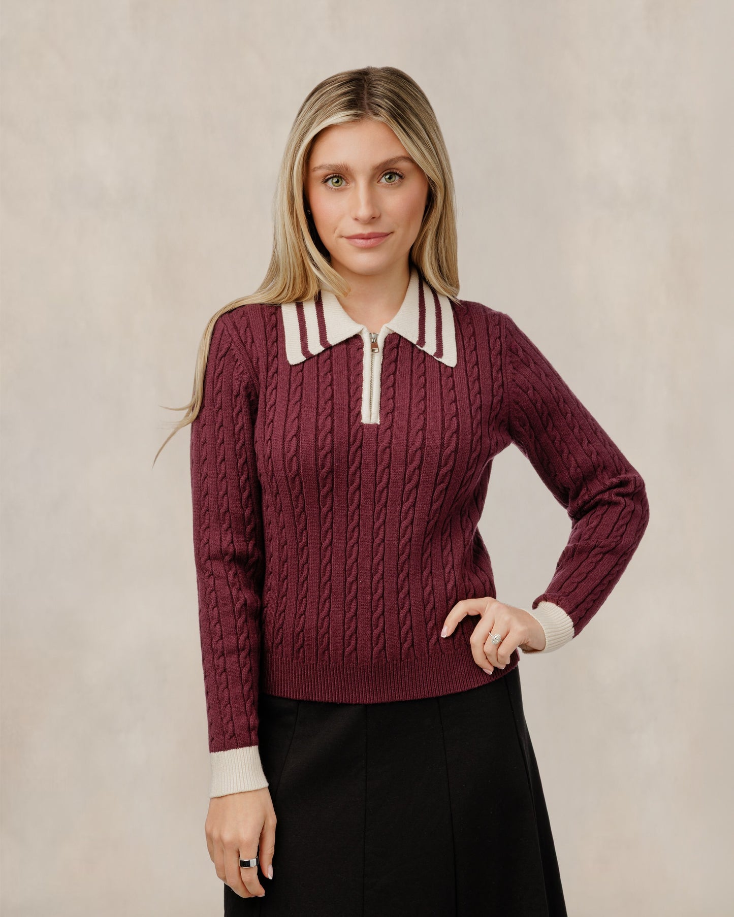 Cable Knit Quarter Zip Sweater - Burgundy