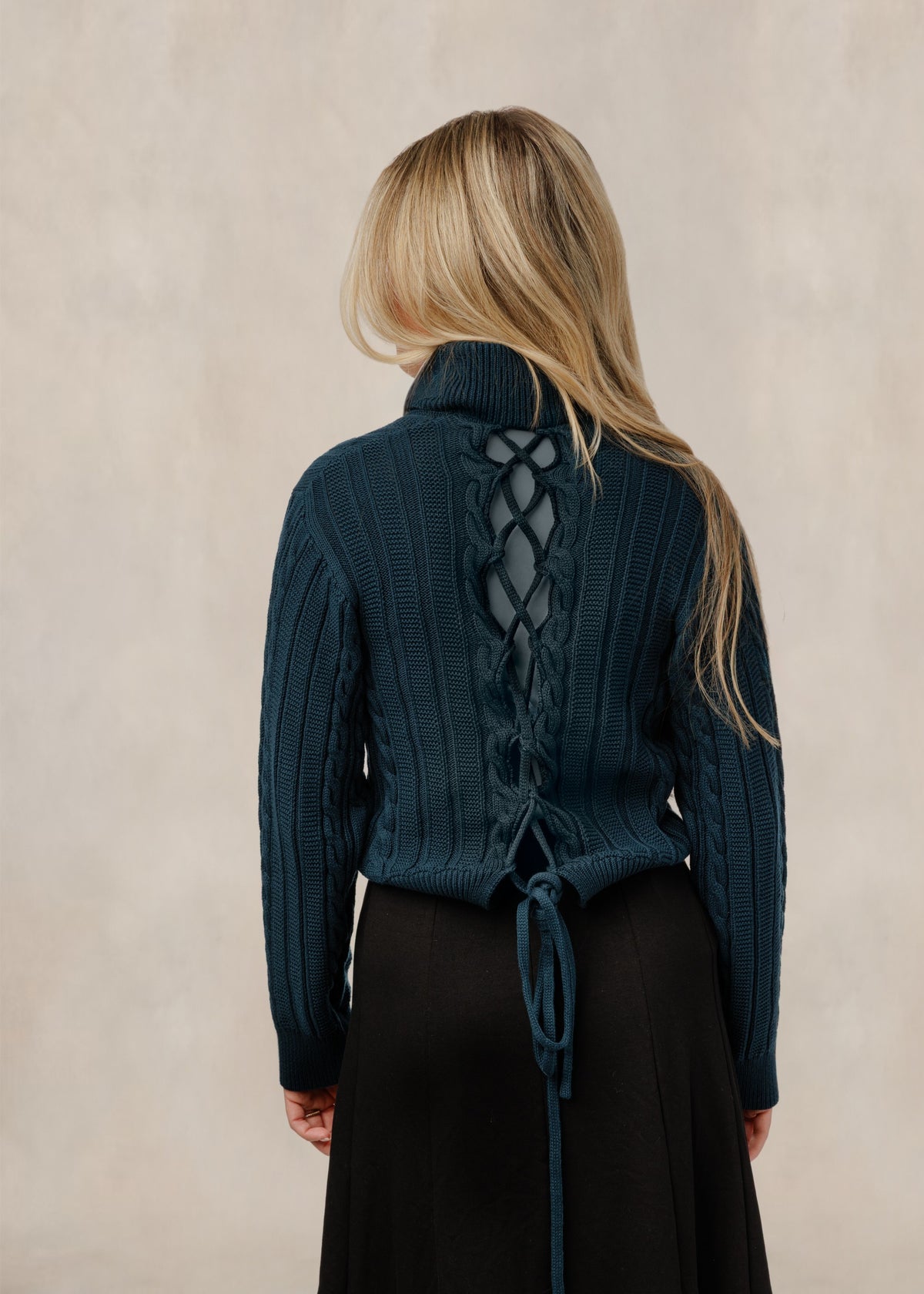 Teal Lace Up Back Cable Knit Turtleneck