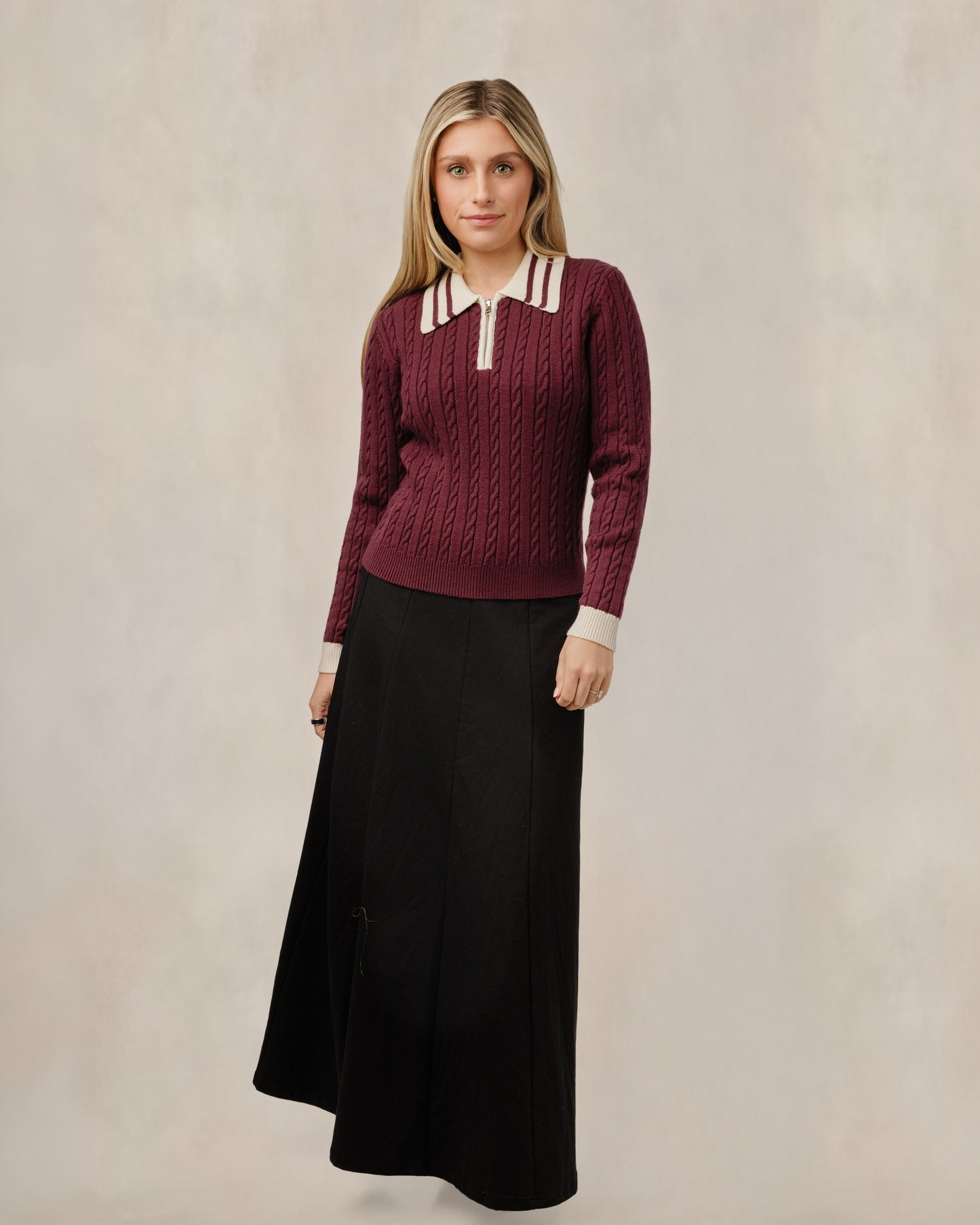 Cable Knit Quarter Zip Sweater - Burgundy