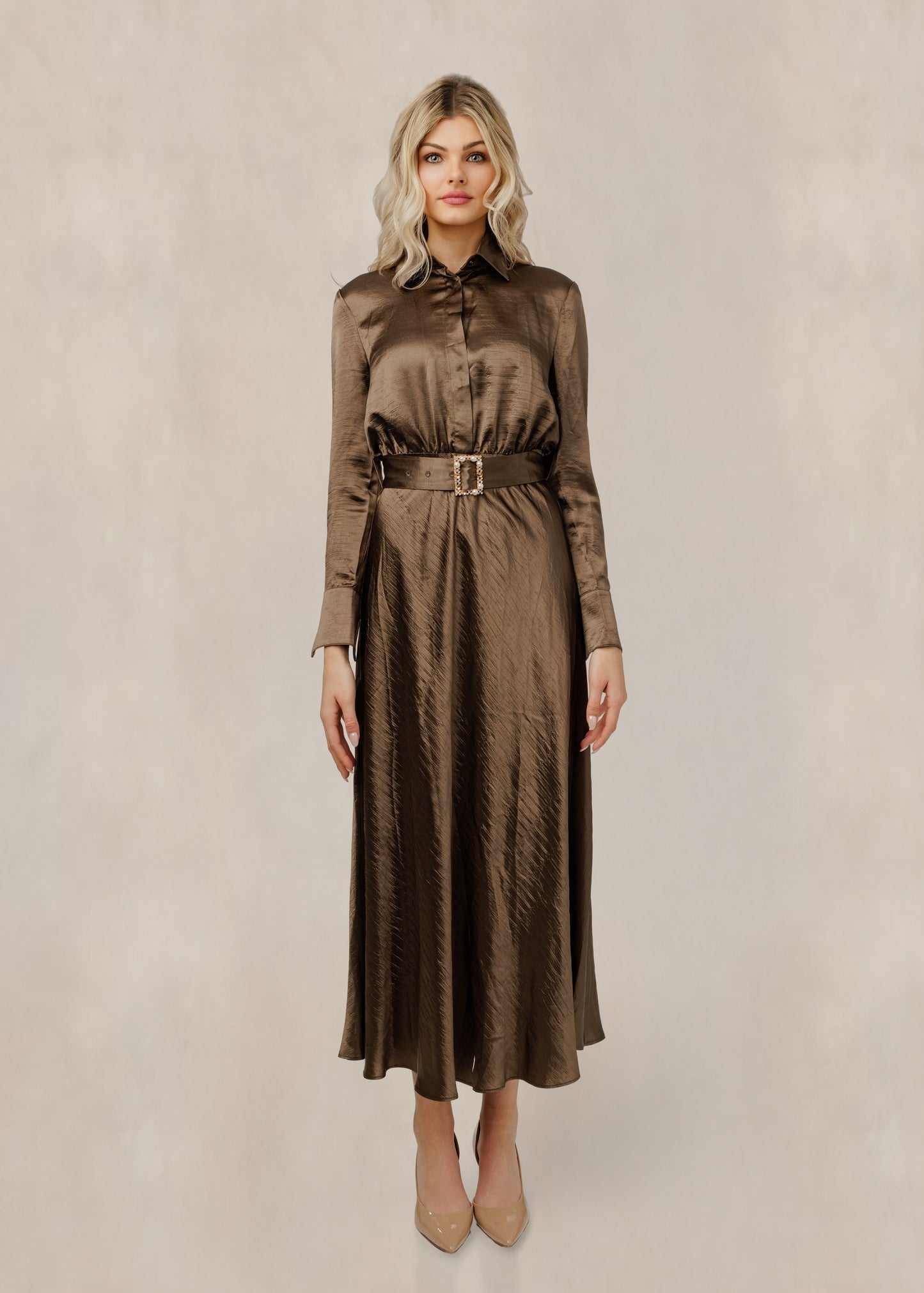Silk Dress With Belt - Brown - WW61049D-B