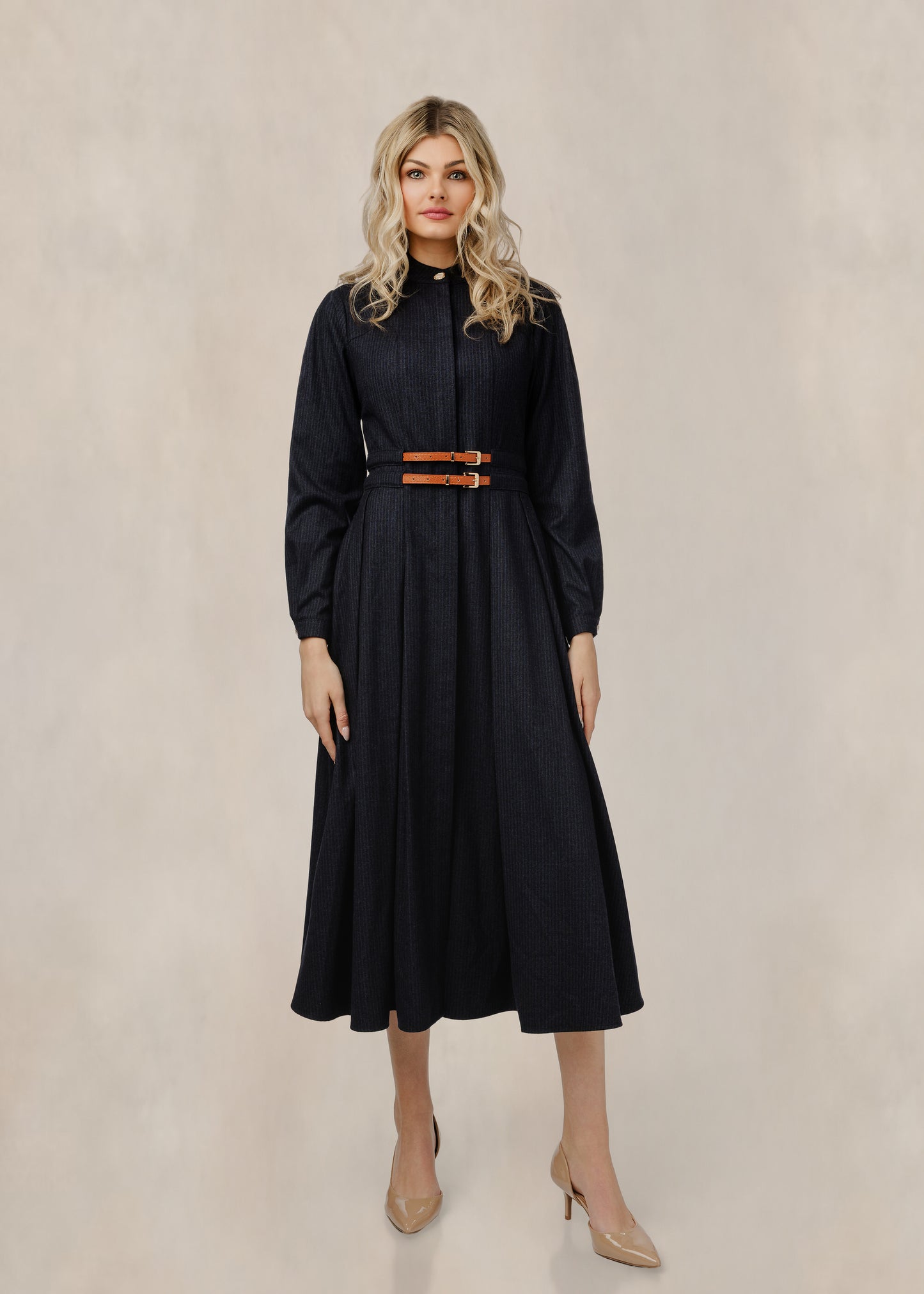 Double Belt Pinstripe Dress - Navy Belt - WW61122D-A