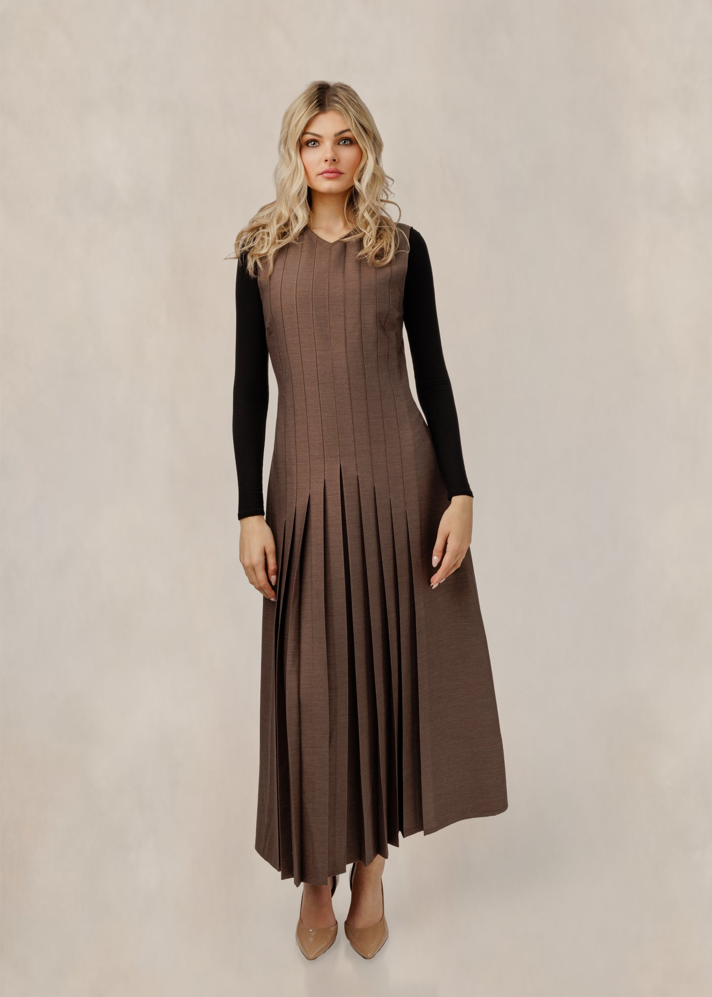 Ribbed Jumper Dress - Brown