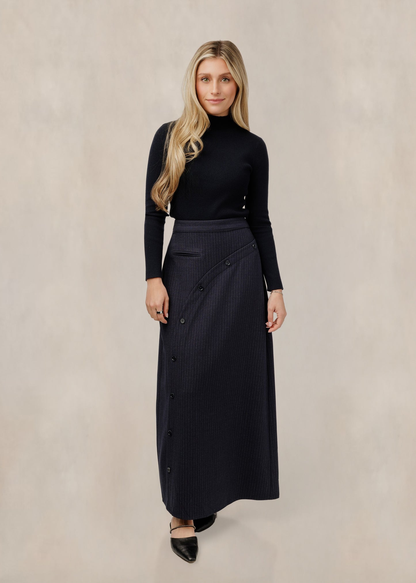Navy Skirt With Diagonal Button Detail