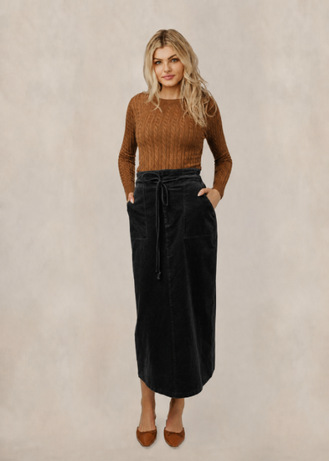 Corduroy Drawstring Column Skirt - Black