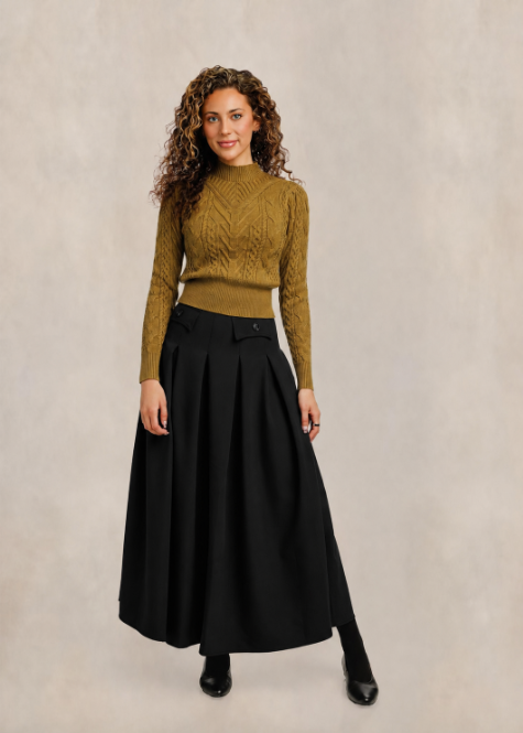 Pleated Flap Detail Flowy Skirt - Black