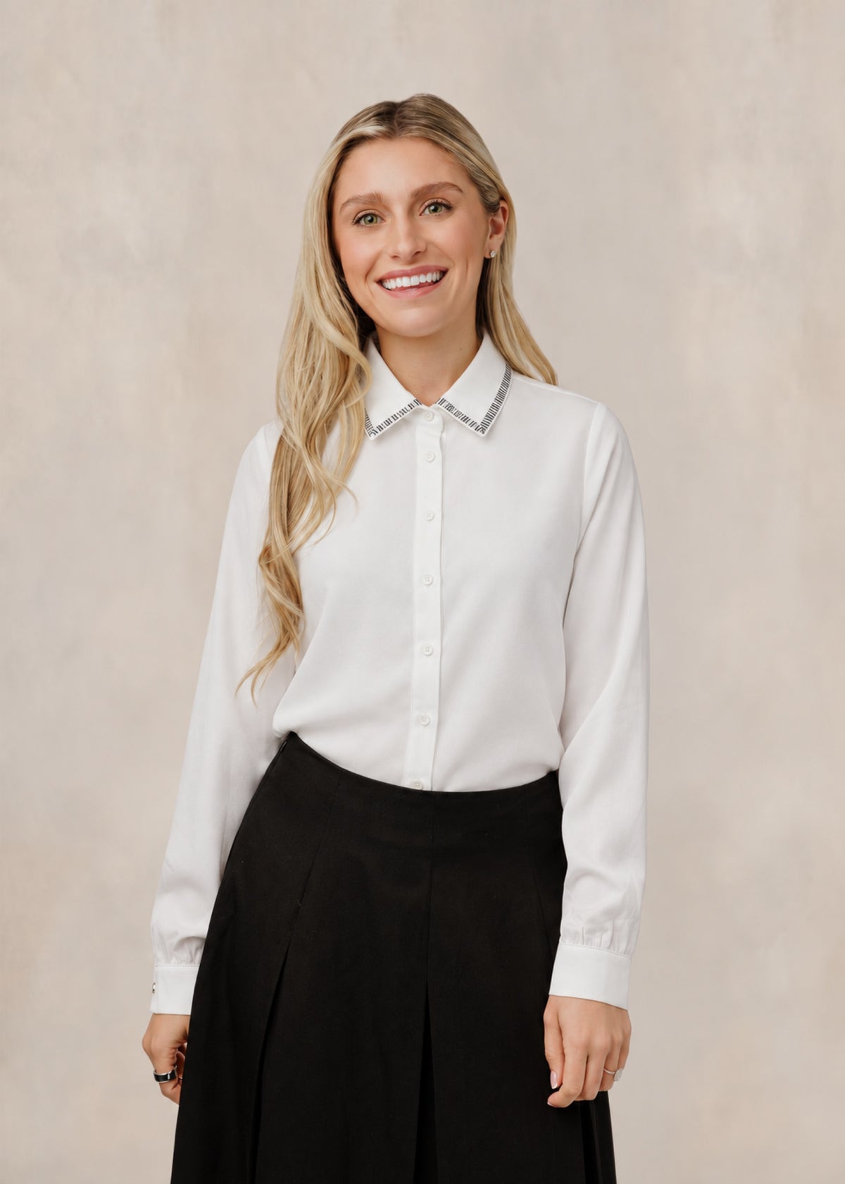 White Blouse W/ Contrast Stitch Collar Trim - W/O Ruffle