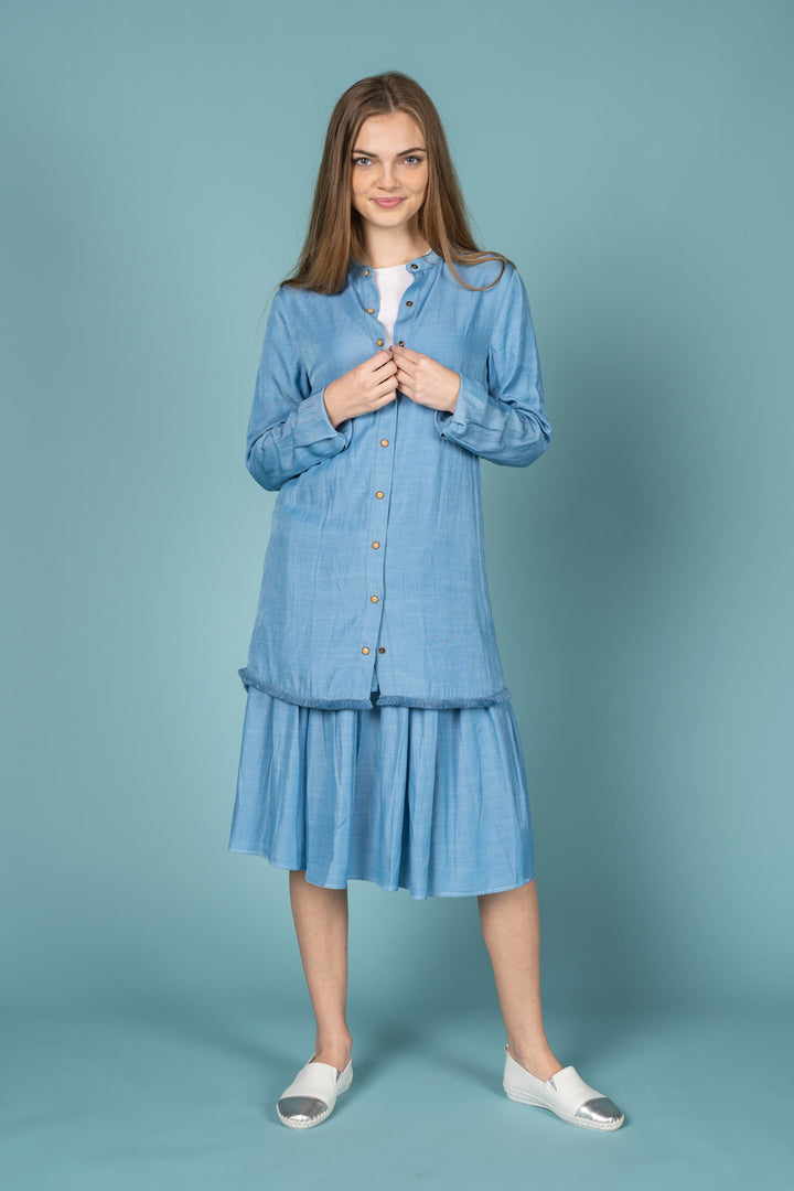 Light Blue Button Up Cardigan With Distressed Bottom Trim