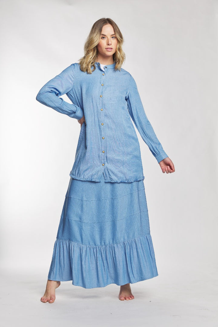 Light Blue Button Up Cardigan With Distressed Bottom Trim