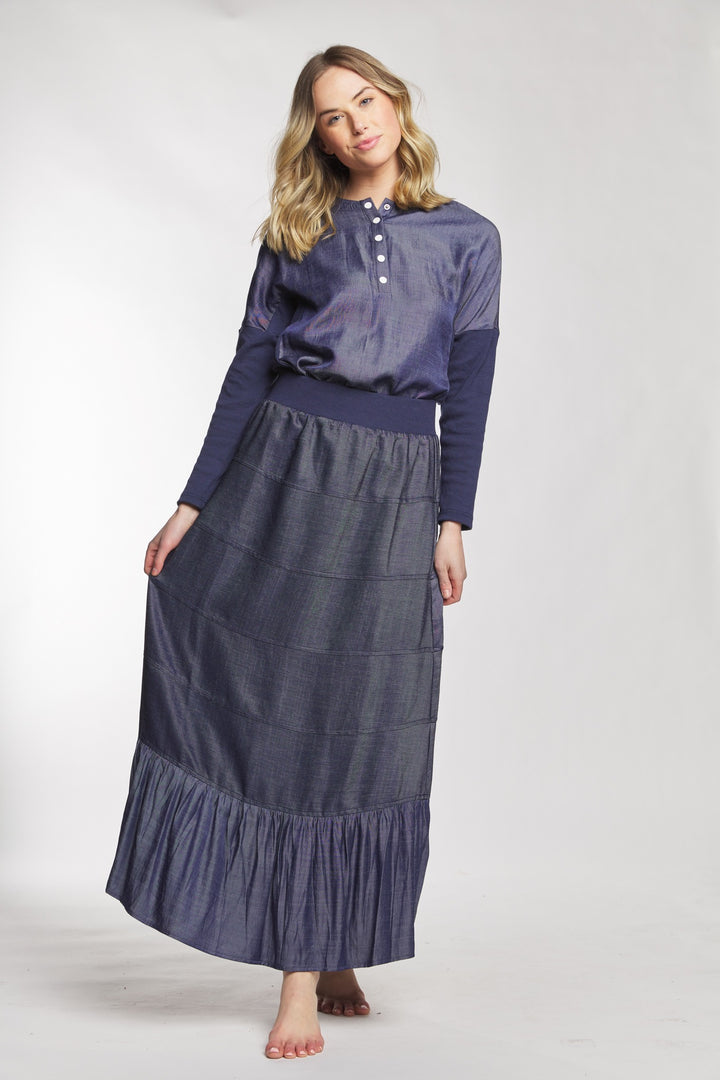 Dark Blue Layered Flowy Skirt With Ribbed Waistband