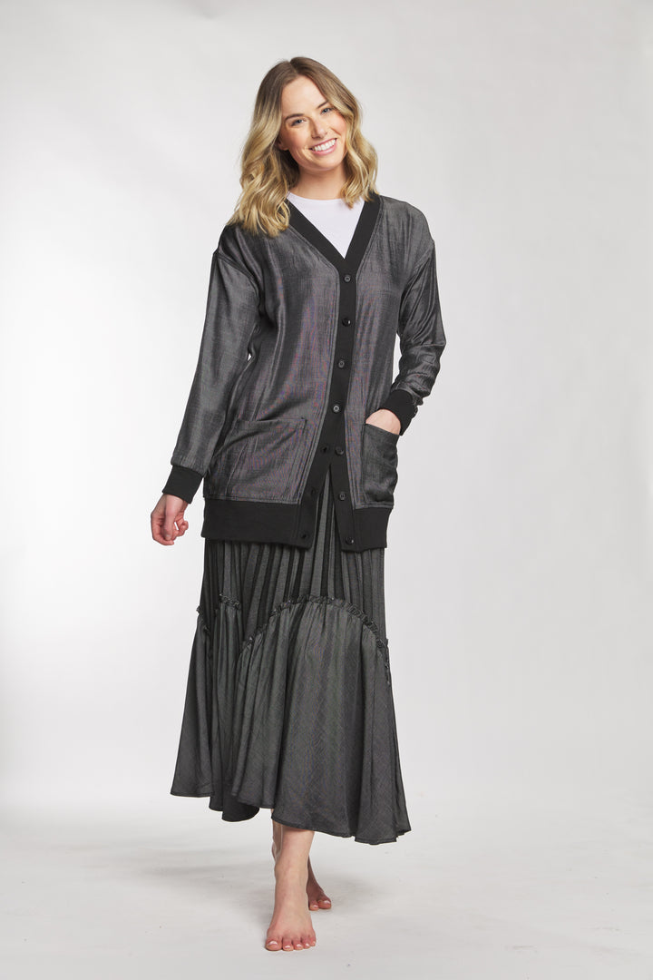 Black Denim Cardigan With Ribbed Lining
