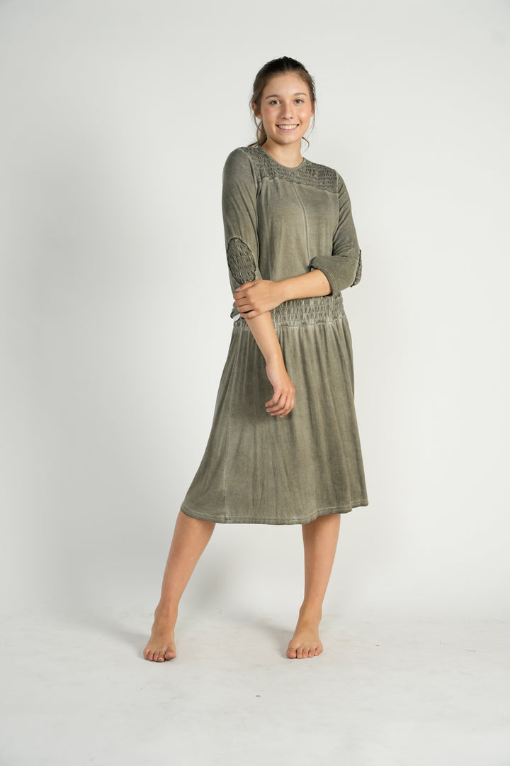 Olive Smocked 3/4Th Sleeve Top