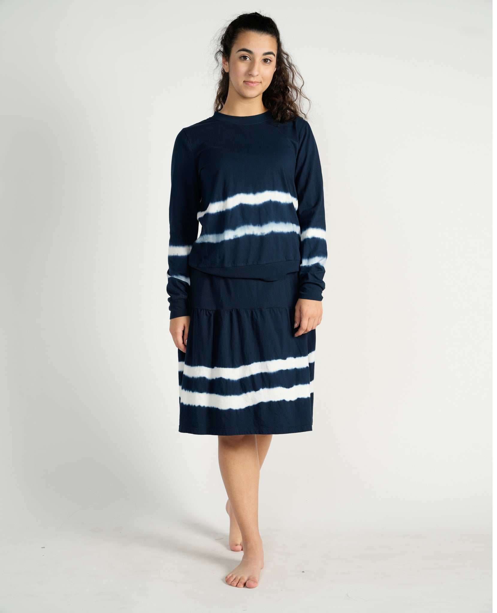 Inky Blue Tie Dye Striped Tiered Skirt