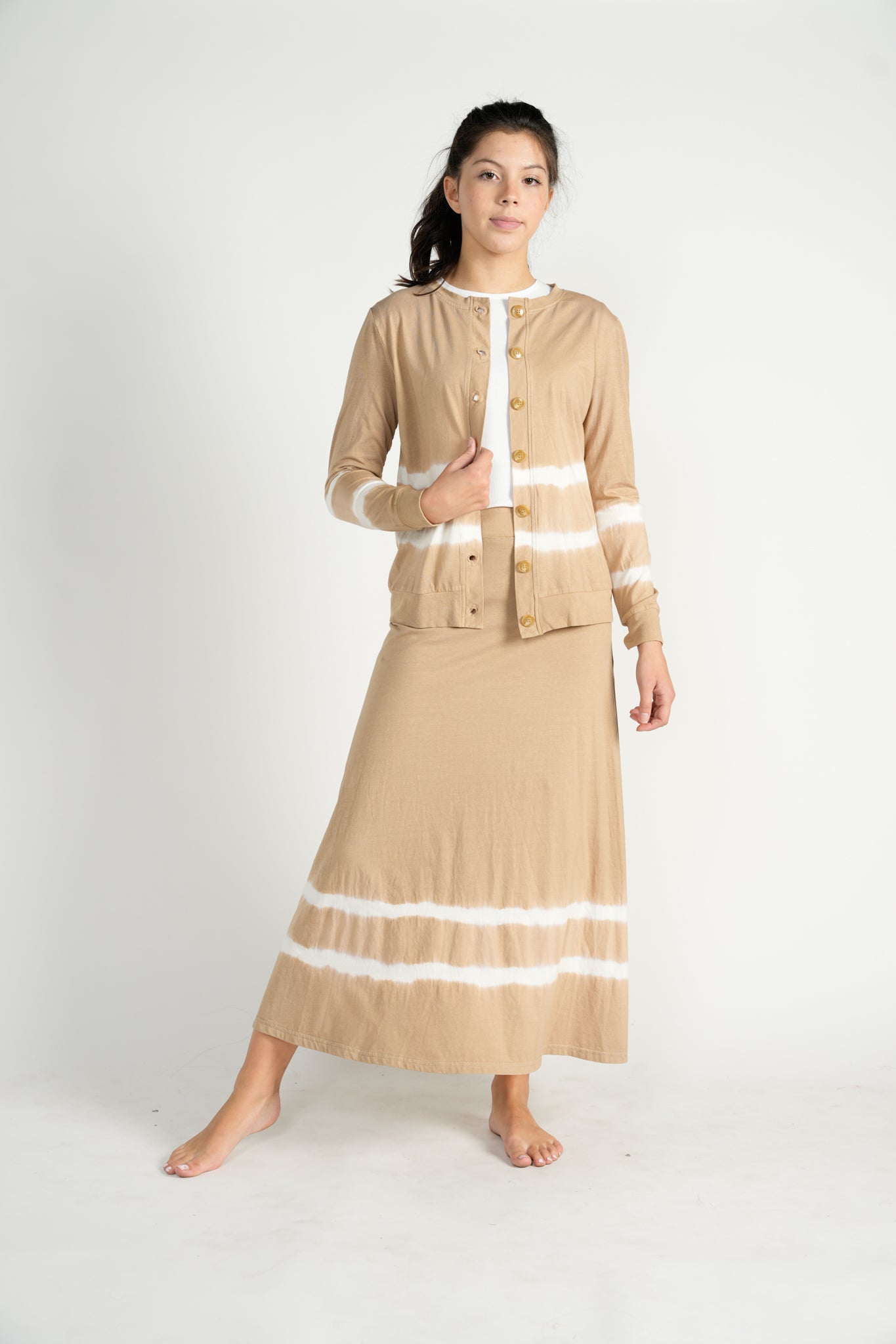 Tan Tie Dye Striped Tiered Maxi Skirt