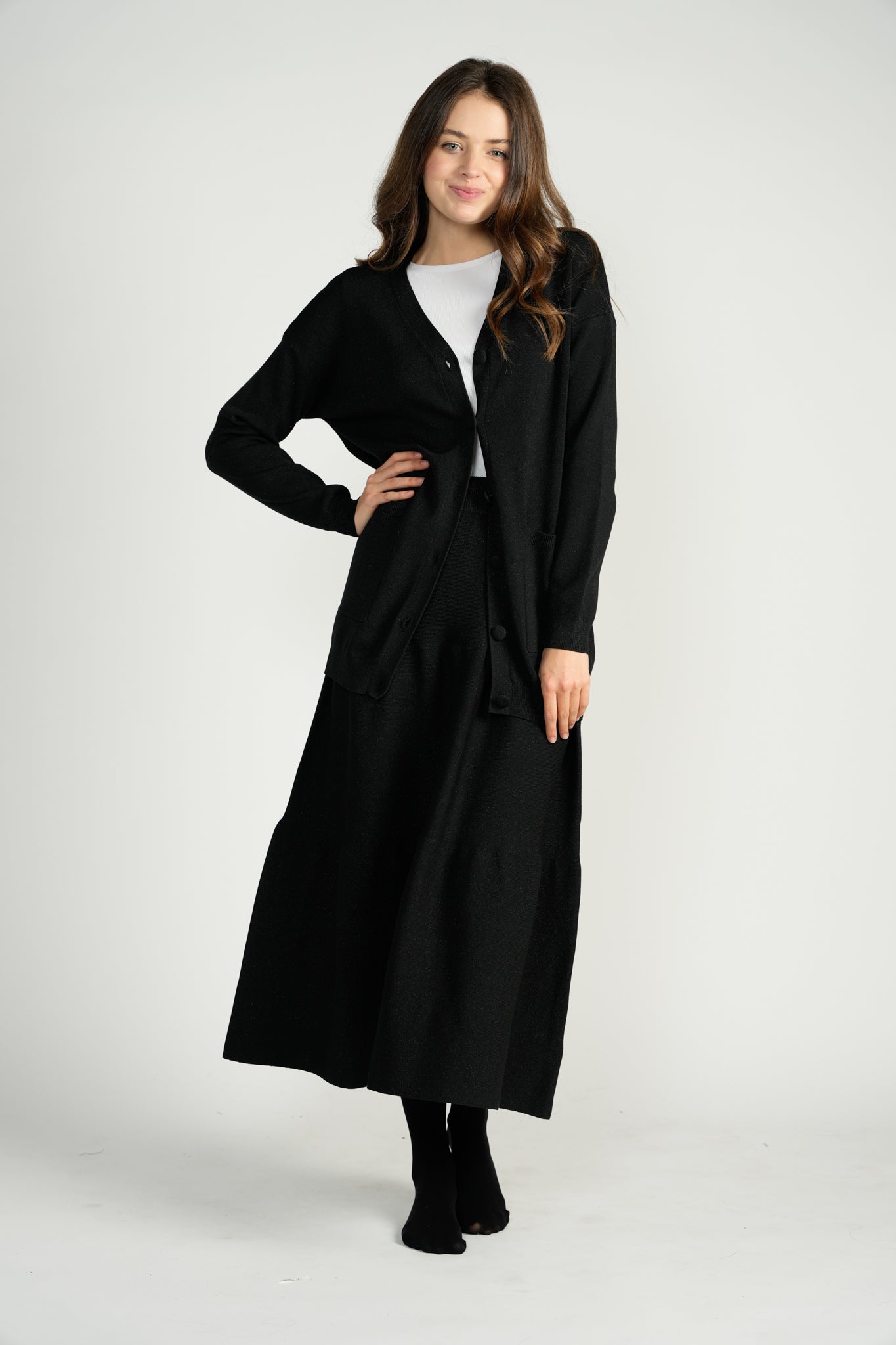Black Metallic Knit Cardigan With Matching Buttons