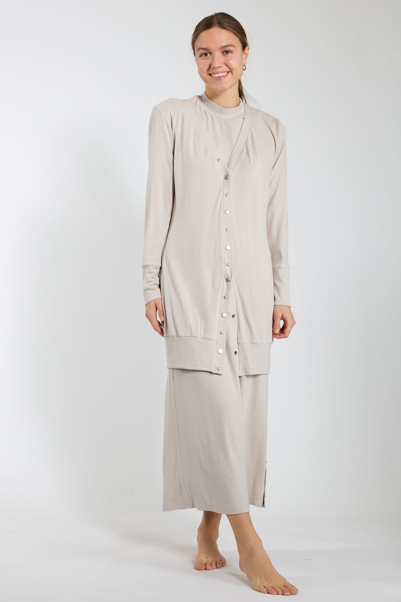 Stone Henley Ribbed Cardigan With Pearl Snaps