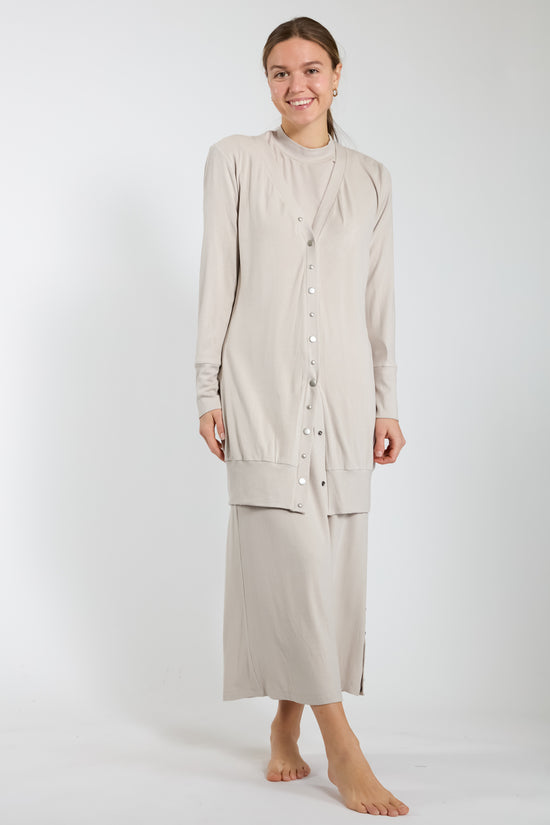 Stone Henley Ribbed Cardigan With Pearl Snaps