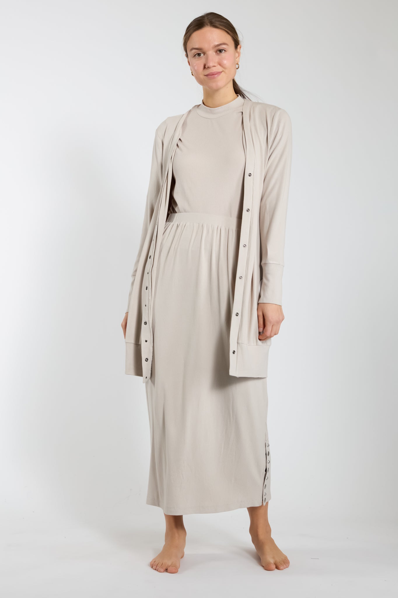 Stone Henley Ribbed Cardigan With Pearl Snaps