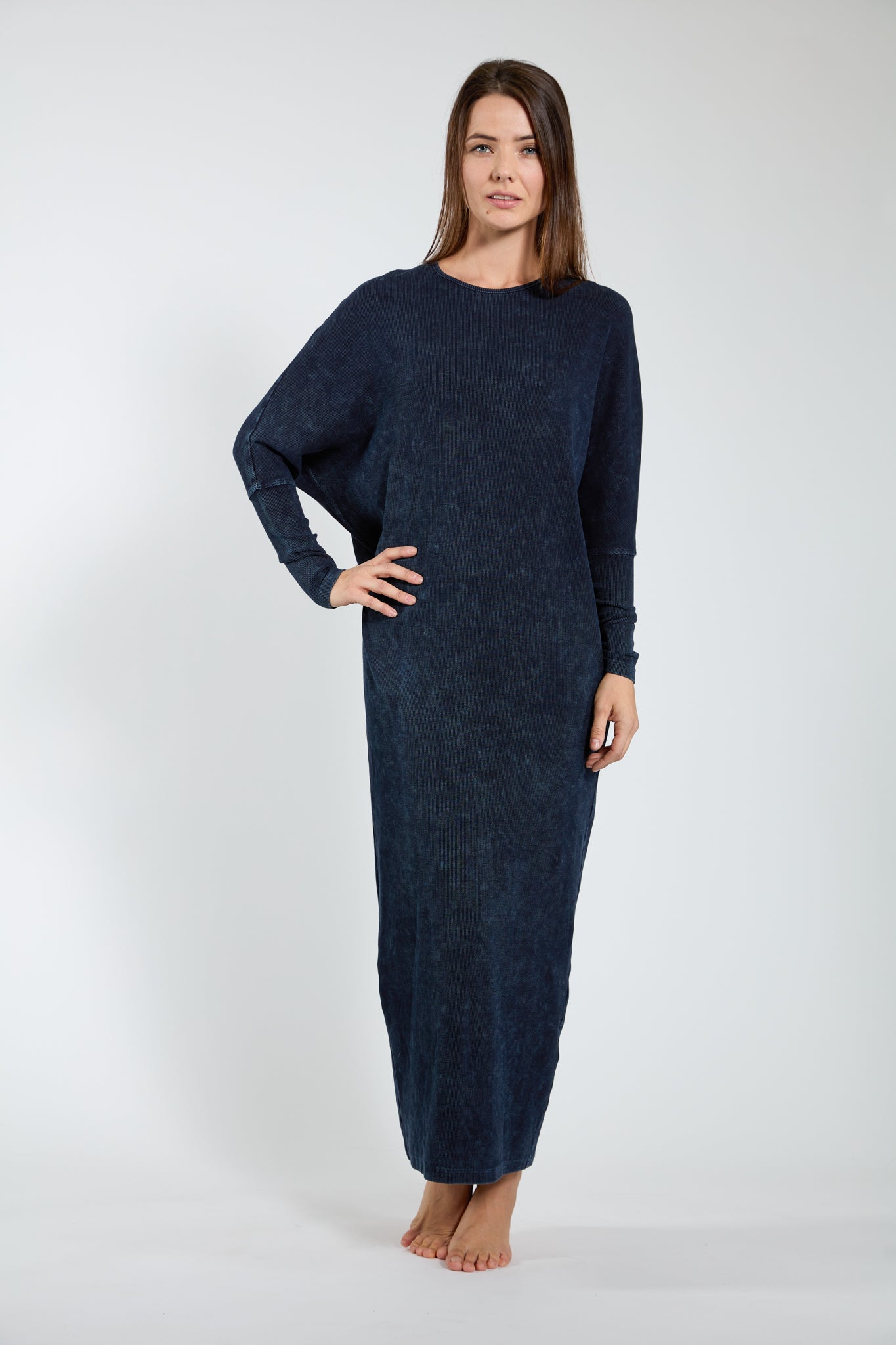 Dark Blue Denim Ribbed Maxi Dress