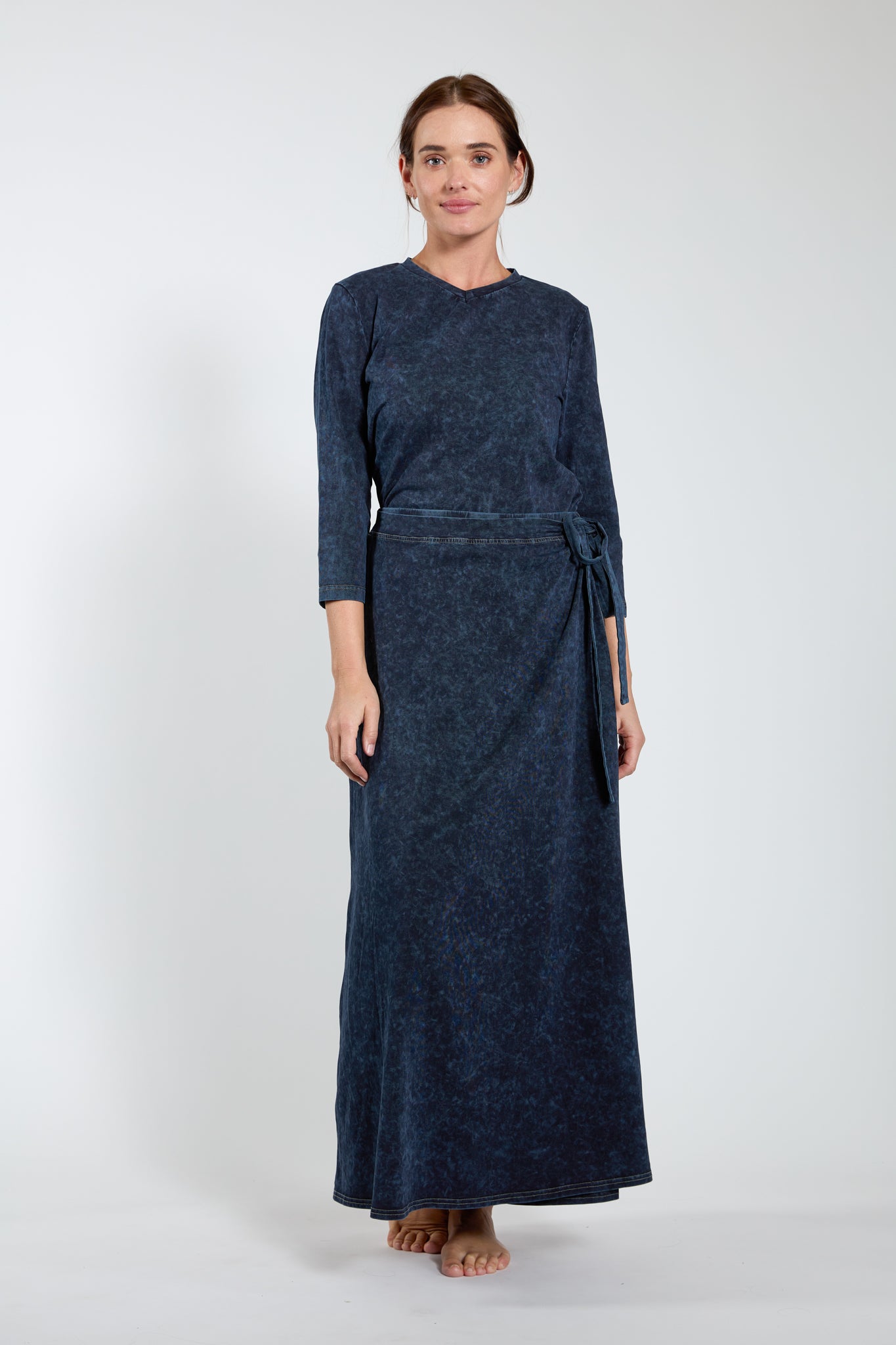 Blue Denim Washed Fake Wrap Maxi Skirt