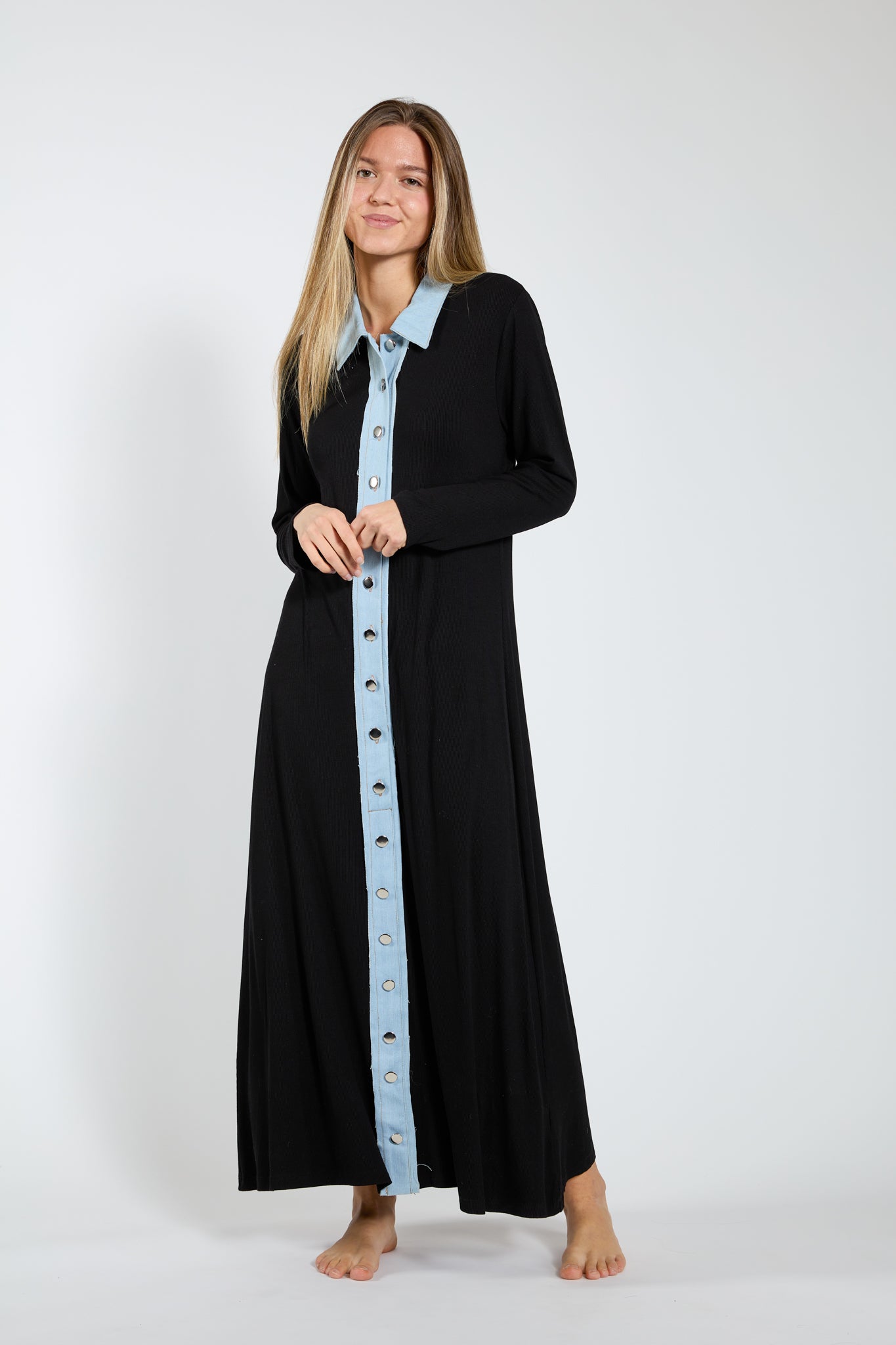 Black Ribbed Maxi Dress With Denim Collar