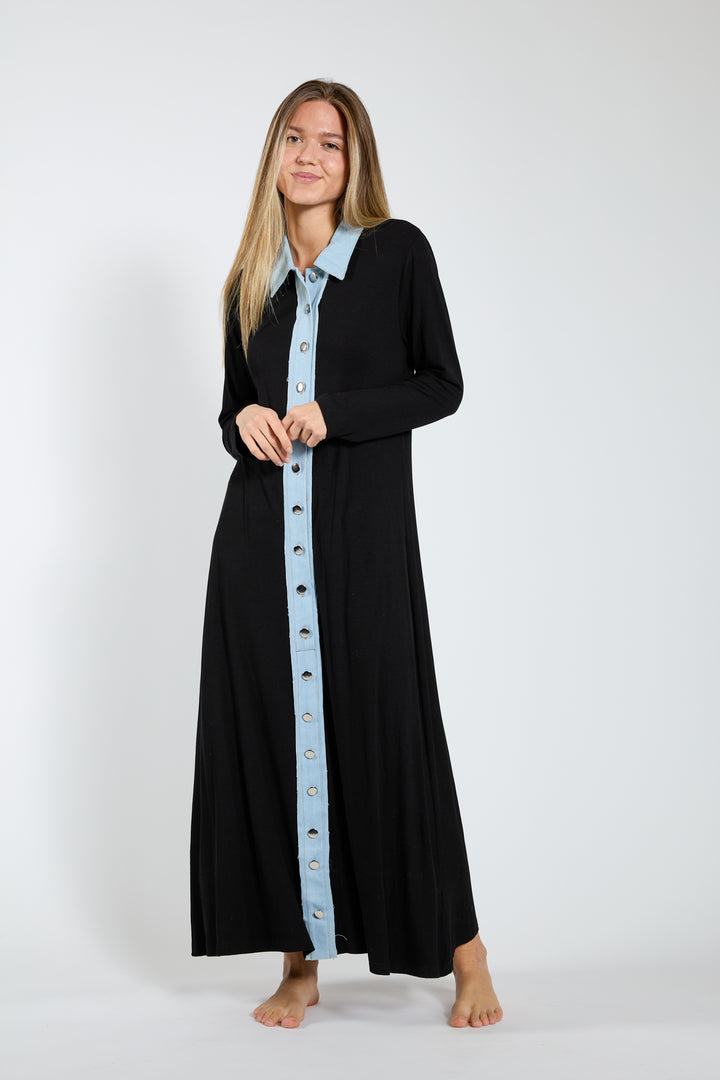 Black Ribbed Maxi Dress With Denim Collar