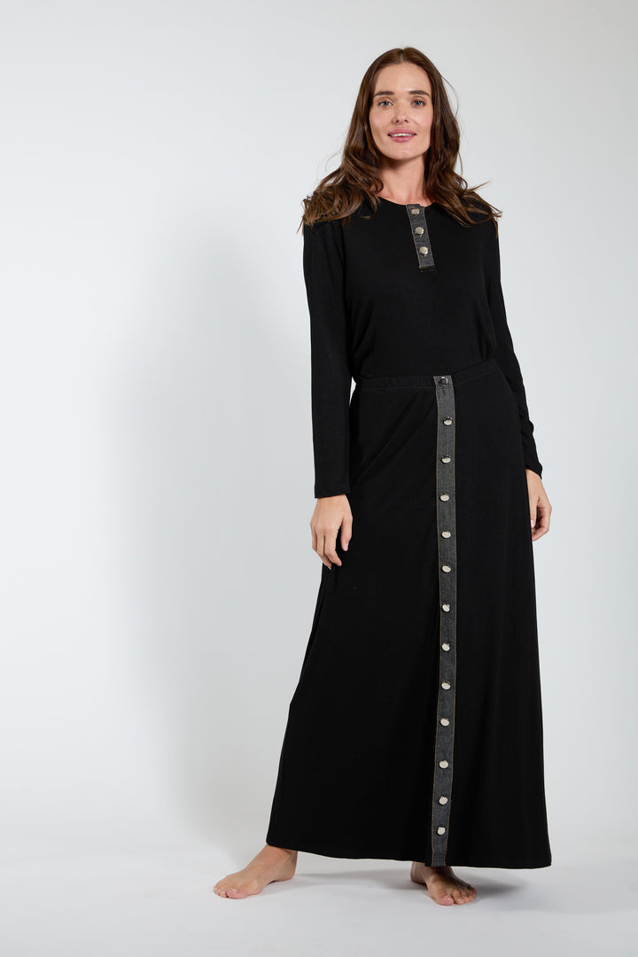 Black Ribbed Skirt With Black Denim Placket & Buttons