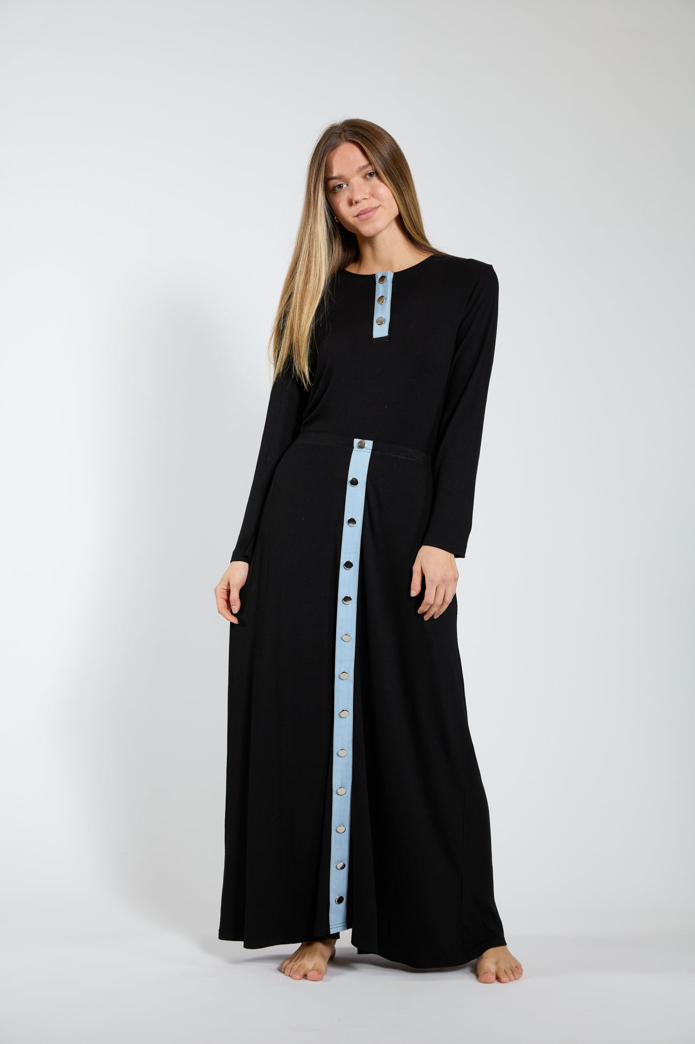 Black Ribbed Skirt With Denim Placket & Buttons