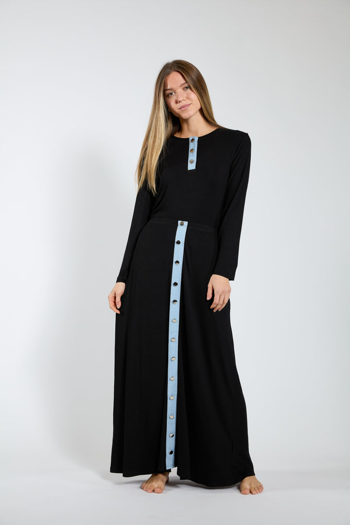 Black Ribbed Skirt With Denim Placket & Buttons
