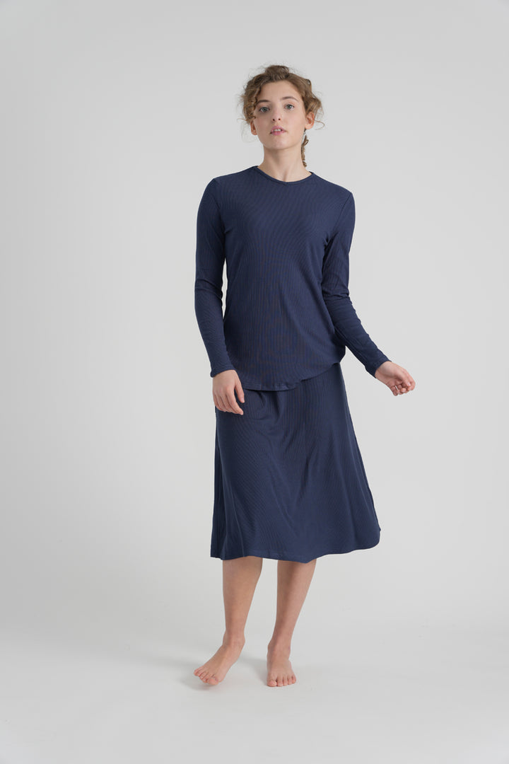 Navy Ribbed Skirt With Studs