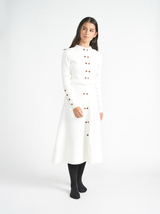 Ivory Ribbed Knit Skirt With Wooden Buttons