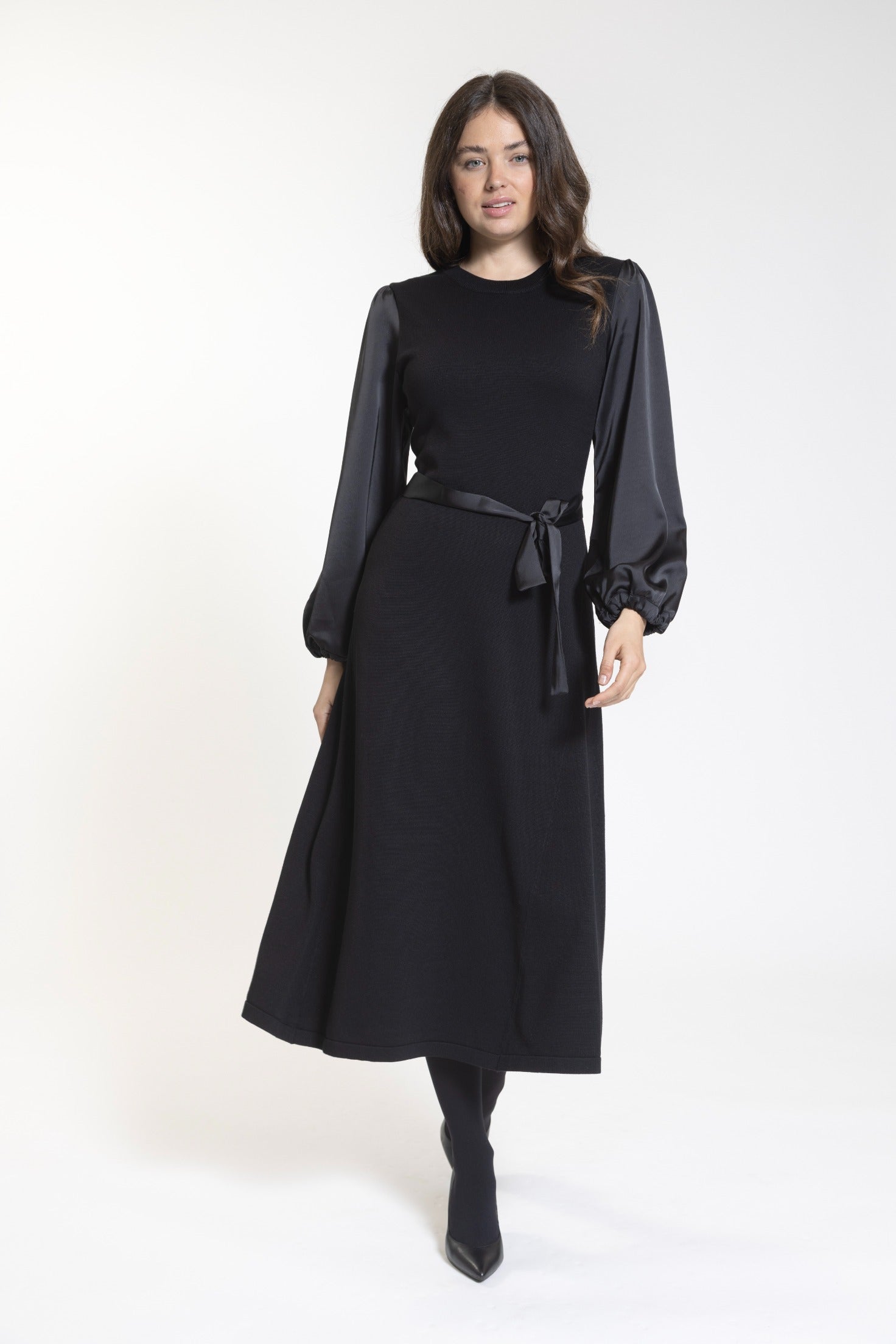 Black Knit Dress With Satin Sleeves