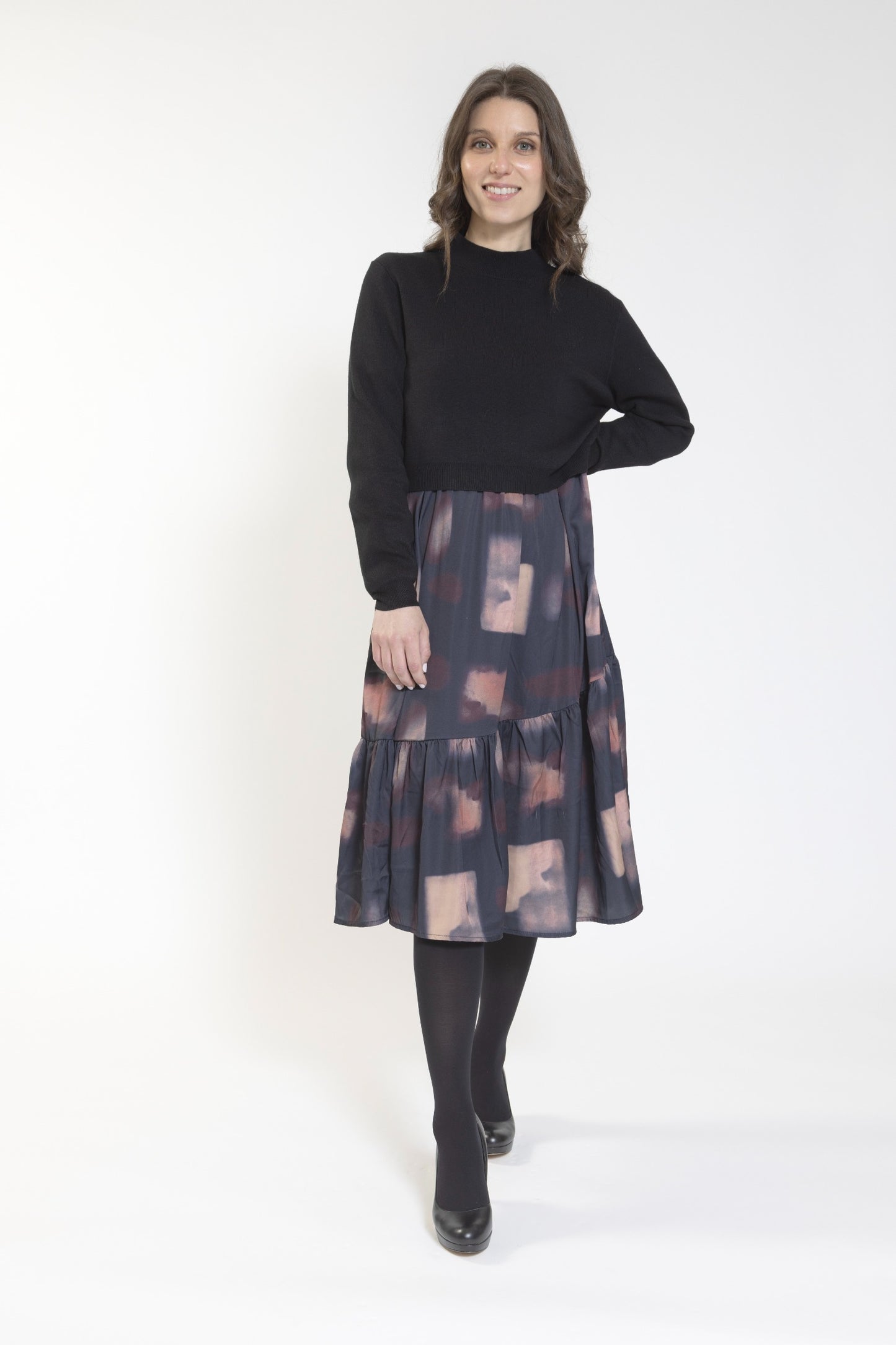 Black Knit Top Over Muave Satin Dress