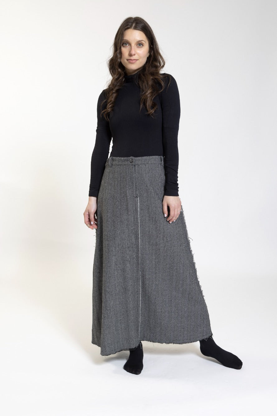 Black And White Herring Bone, Fringed Skirt