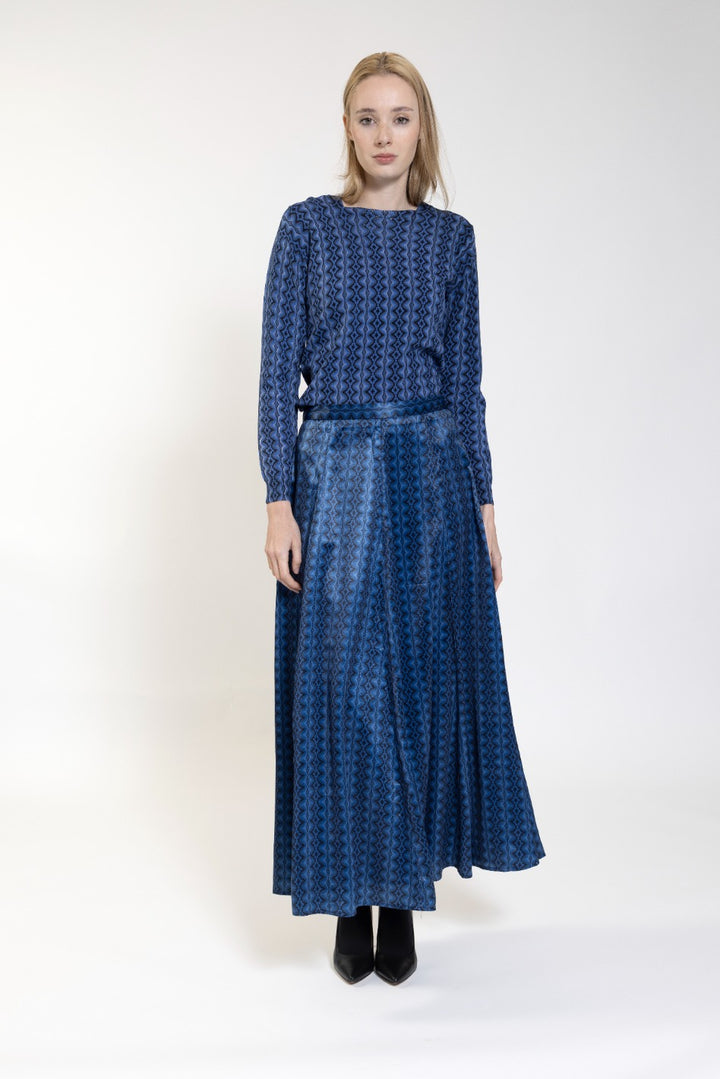 Navy Printed Satin Skirt