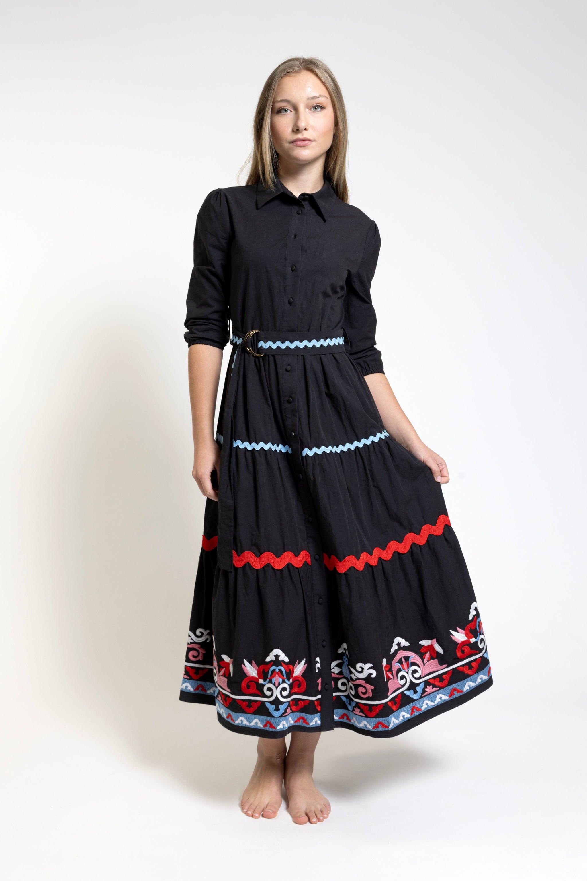 Black Red Embroidery Cotton Shirt Dress