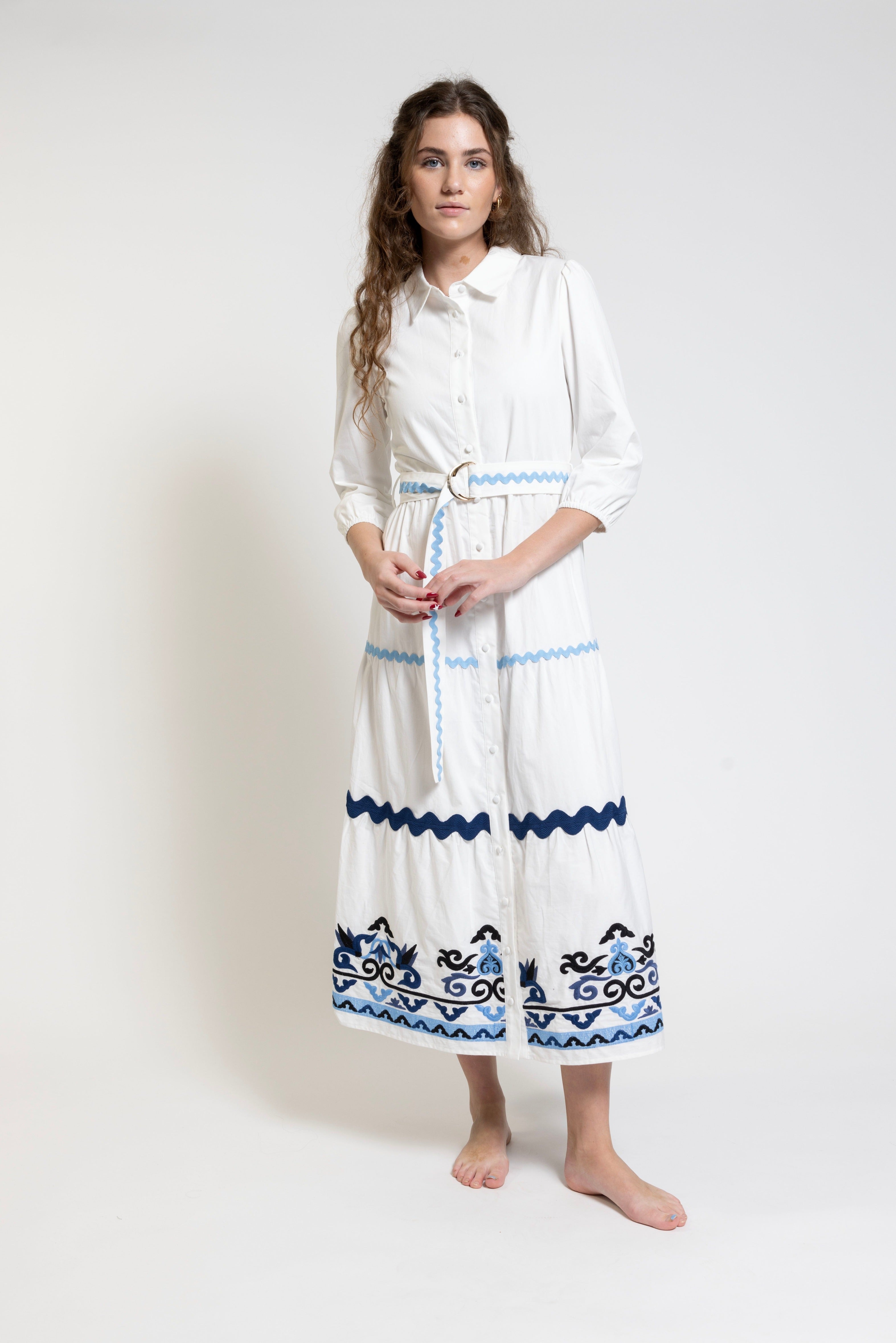 White Light Blue Embroidery Cotton Shirt Dress – The Runway Company