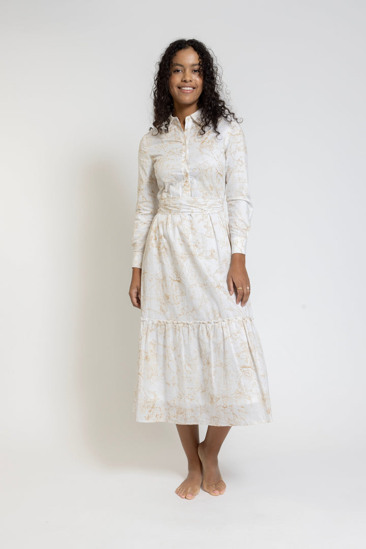 White Base Yellow Flower Printd Shirt Dress
