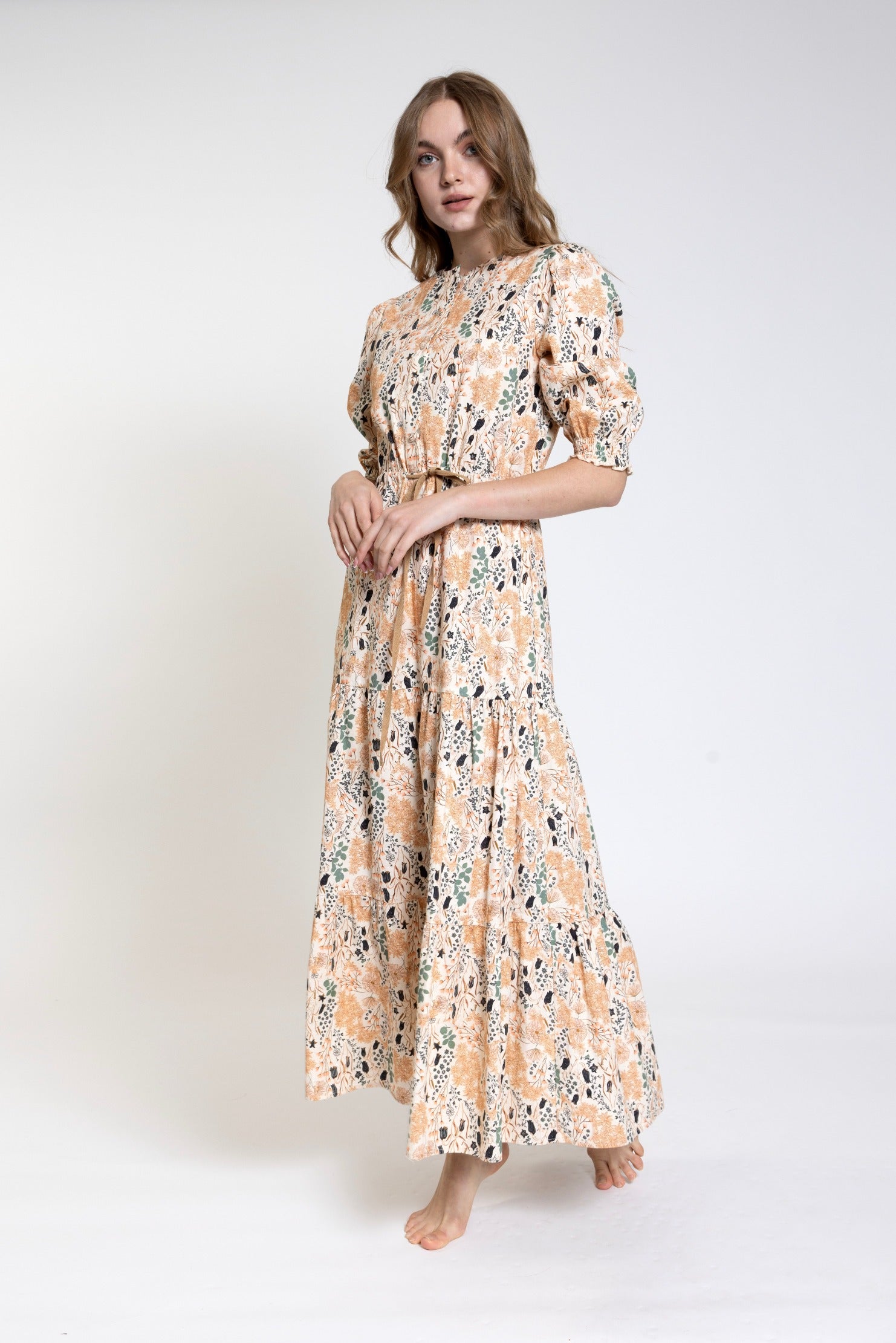 Printed Layer Tiered Dress With Belt