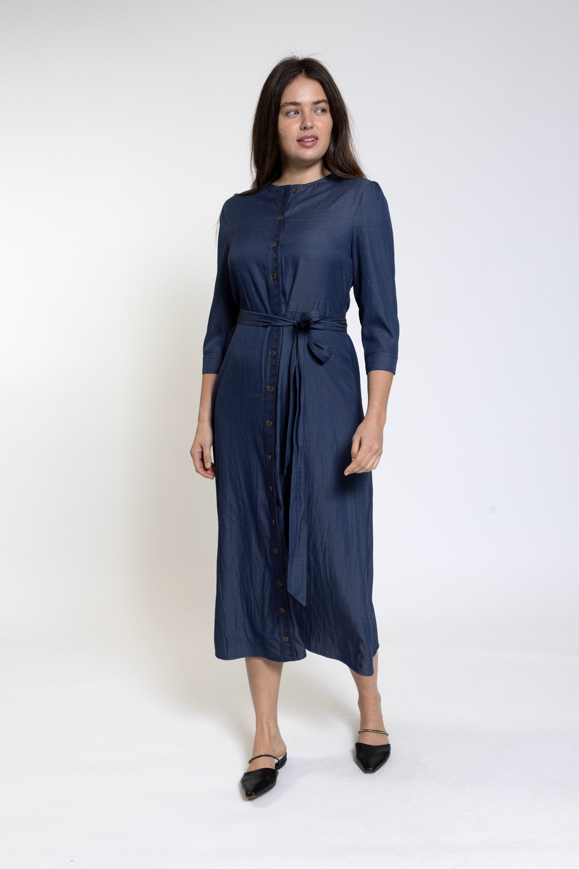 Dark Blue Plain Placket Emboidery Dress