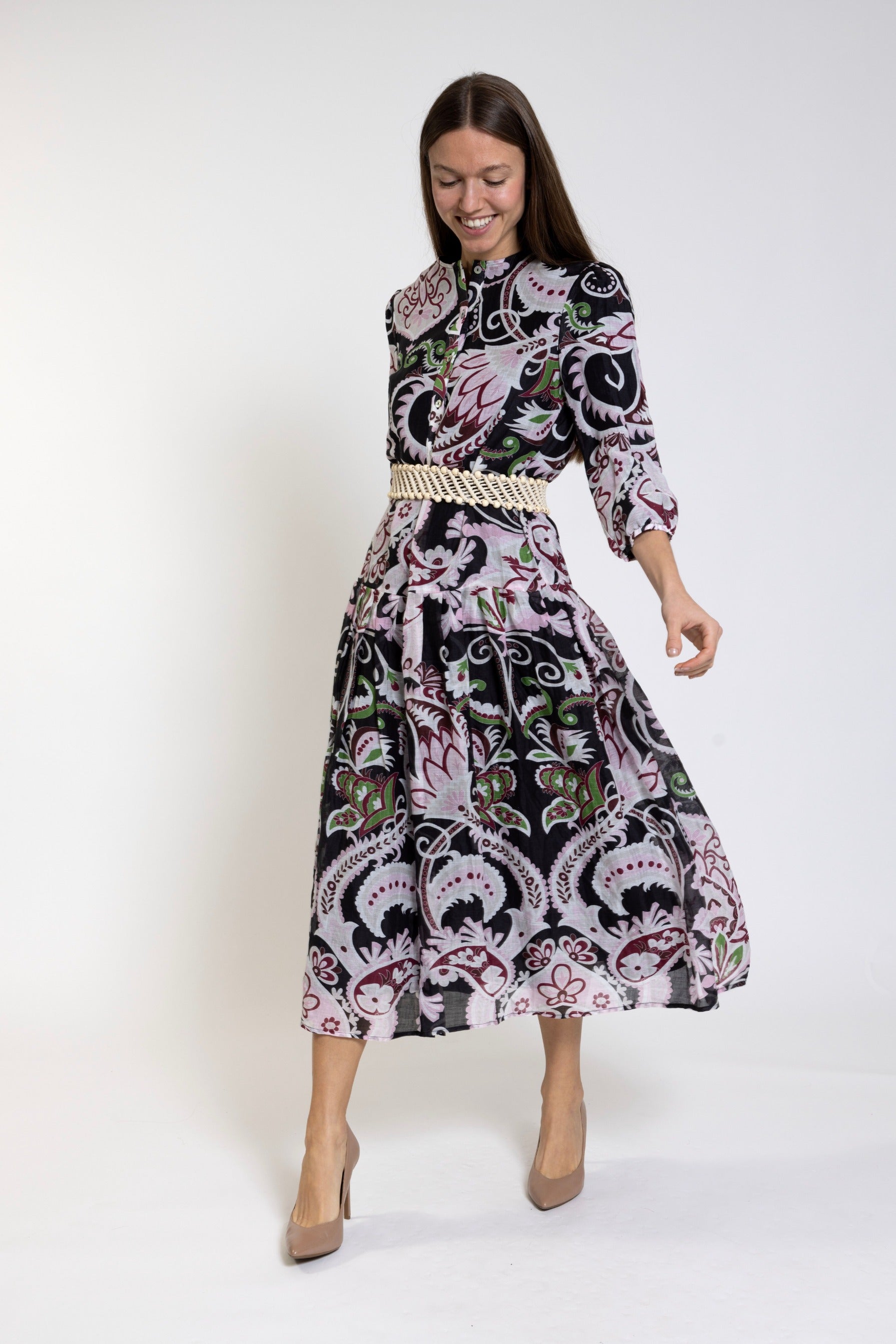 Black Multicolor Printed With Braided Belt Dress