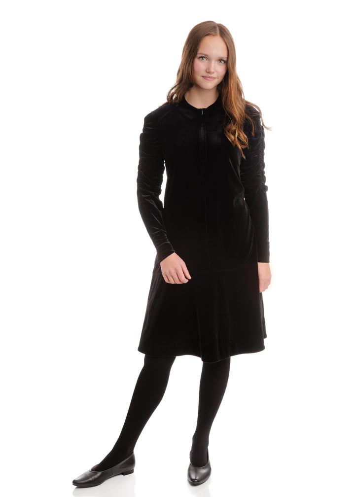 Velvet Scrunch Sleeves Dress - Black