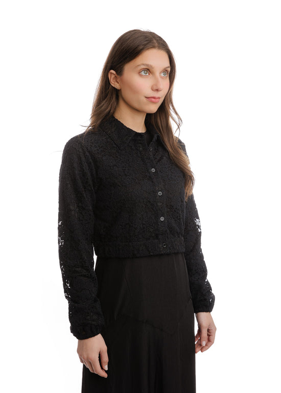 Solid Dress With Lace Top Overlay - Black