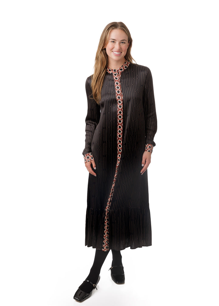Black Satin Printed Plackett Dress