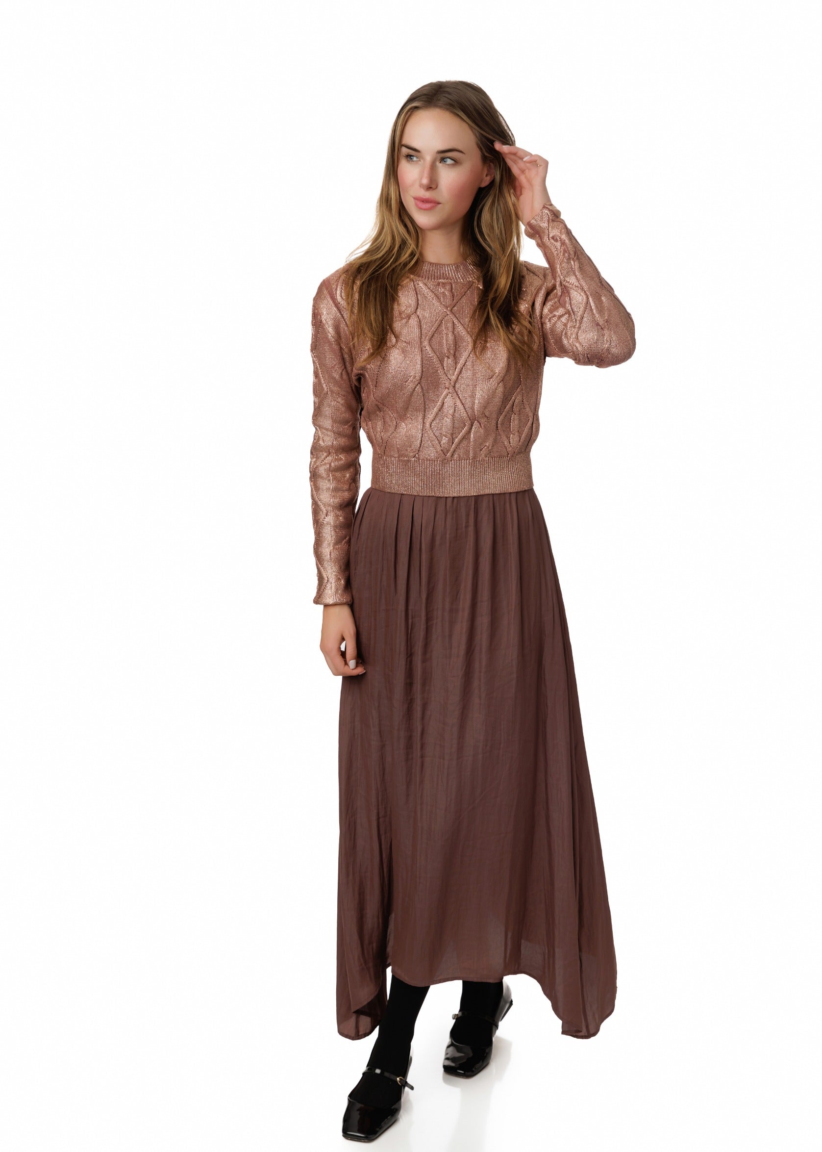 Jumper With Metallic Knit Overlay - Mauve