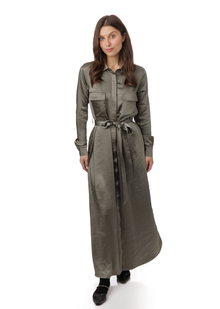 Waist Belt Pocket Shirt Dress - Olive