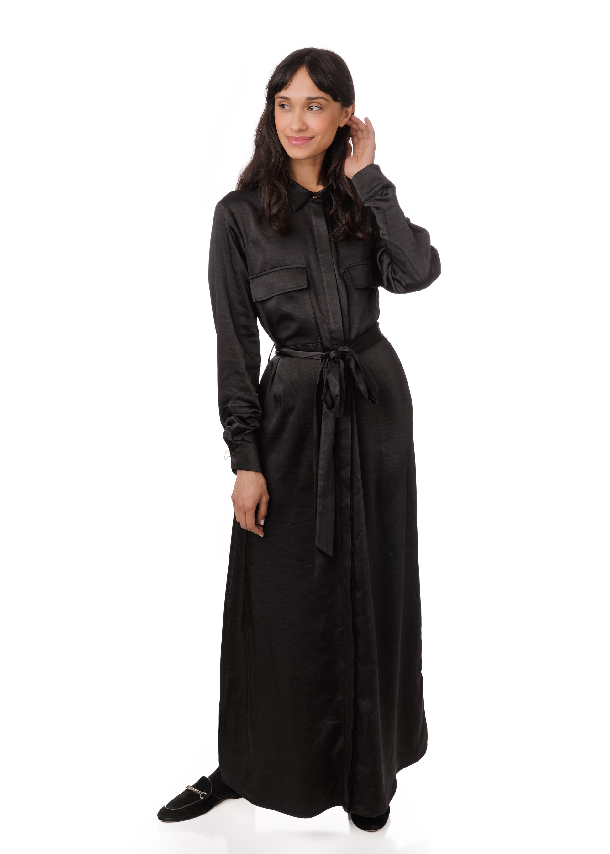 Waist Belt Pocket Shirt Dress - Black