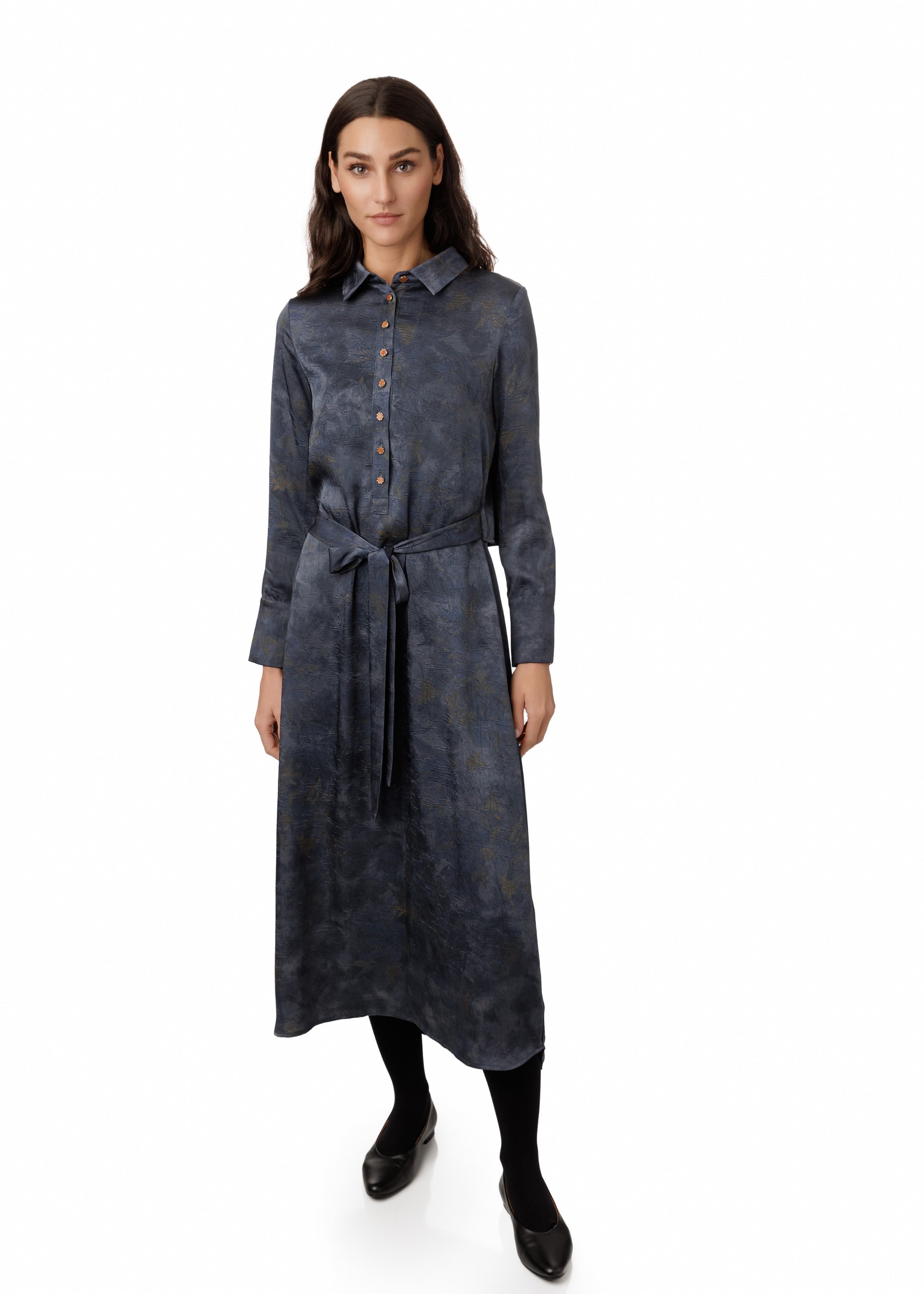 Leaves Printed Wrinkle Shirt Dress - Navy
