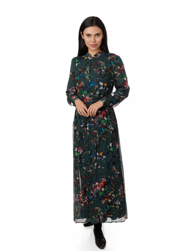 Darker Green Multicolor Printed Chiffon Layer Dress