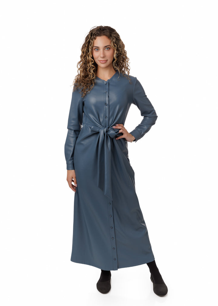 Leather Dress With Waist Tie - Slate Blue