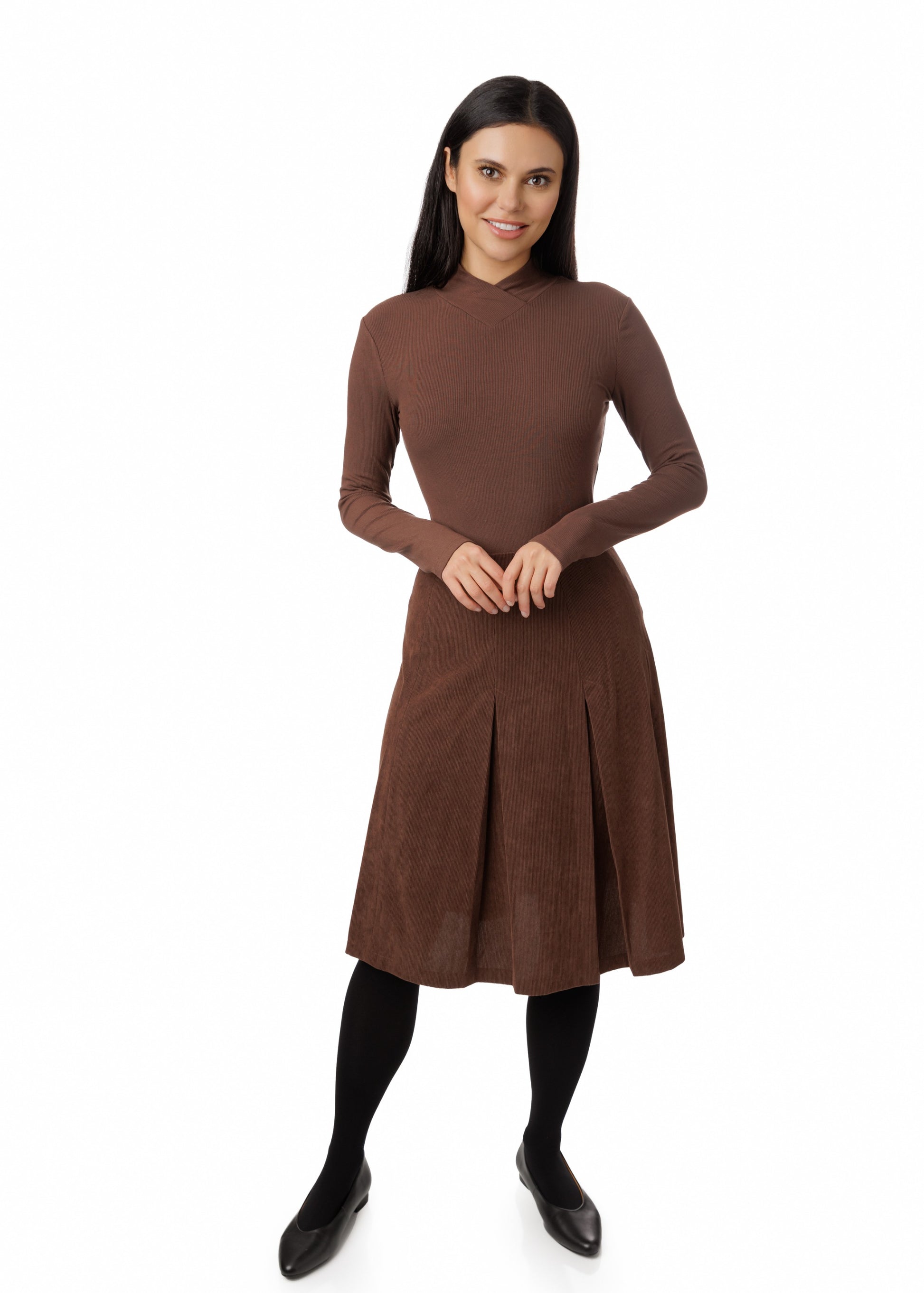 V-Neck Ribbed Knit Top - Brown